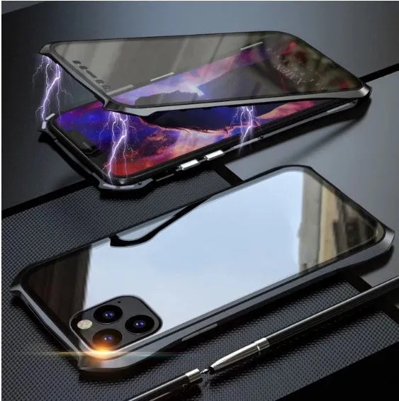 Metal protective back cover case for Apple iPhone 11, shown in black, blue, red, and silver colour options.