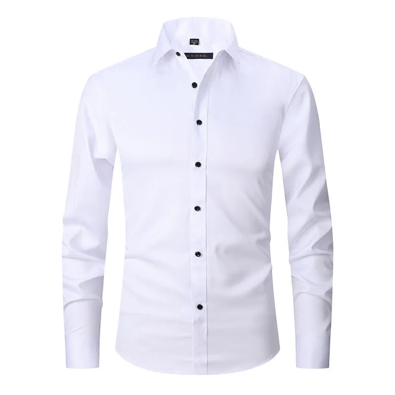 Man wearing a solid-colour stretch long sleeve work shirt made from polyester fabric.