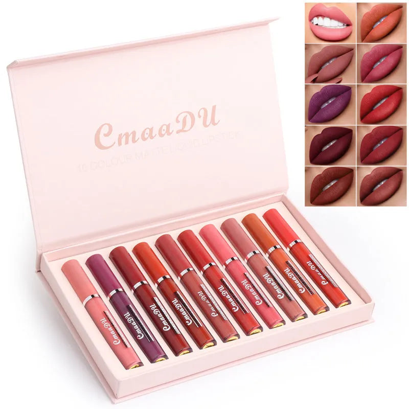 Pack of 10 matte finish lipsticks with non-stick waterproof properties in photo-realistic colours