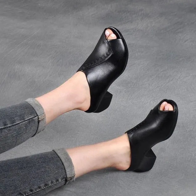 Women's black square heel peep toe slippers with fish mouth scaffold design