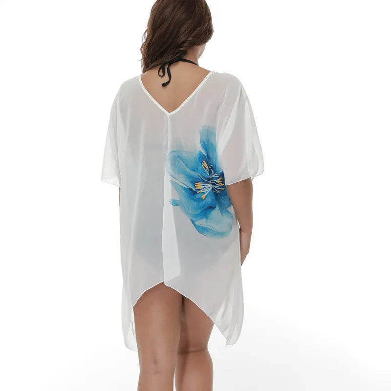 White plus size polyester beach cover-up blouse for swimming