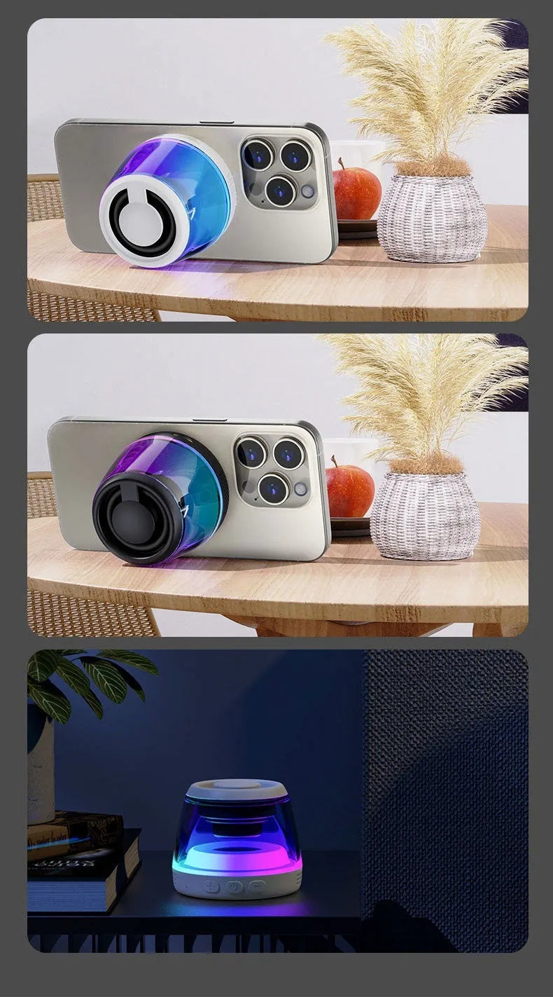 Black portable Bluetooth mini speaker with ambient light on a metallic surface, showing its magnetic base.