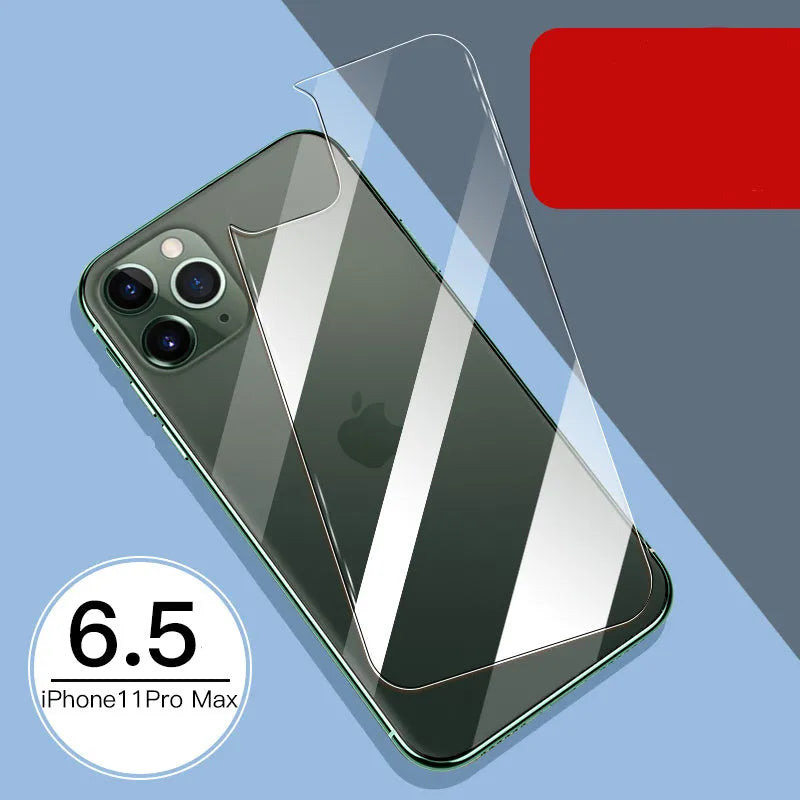 iPhone tempered glass screen protector set showing front and rear films for 11, X, and XR models.