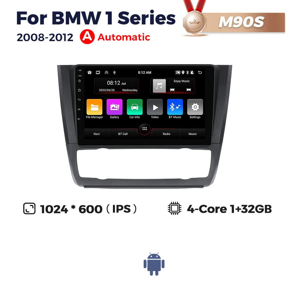 9-inch Android car navigation touchscreen unit for BMW E87 vehicle dashboard.