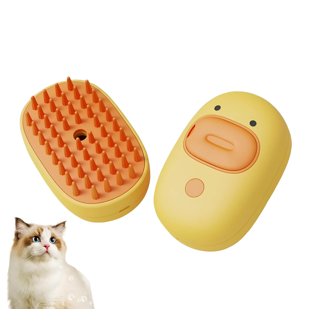 White pet steam brush with silicone comb teeth and water tank for dog and cat grooming