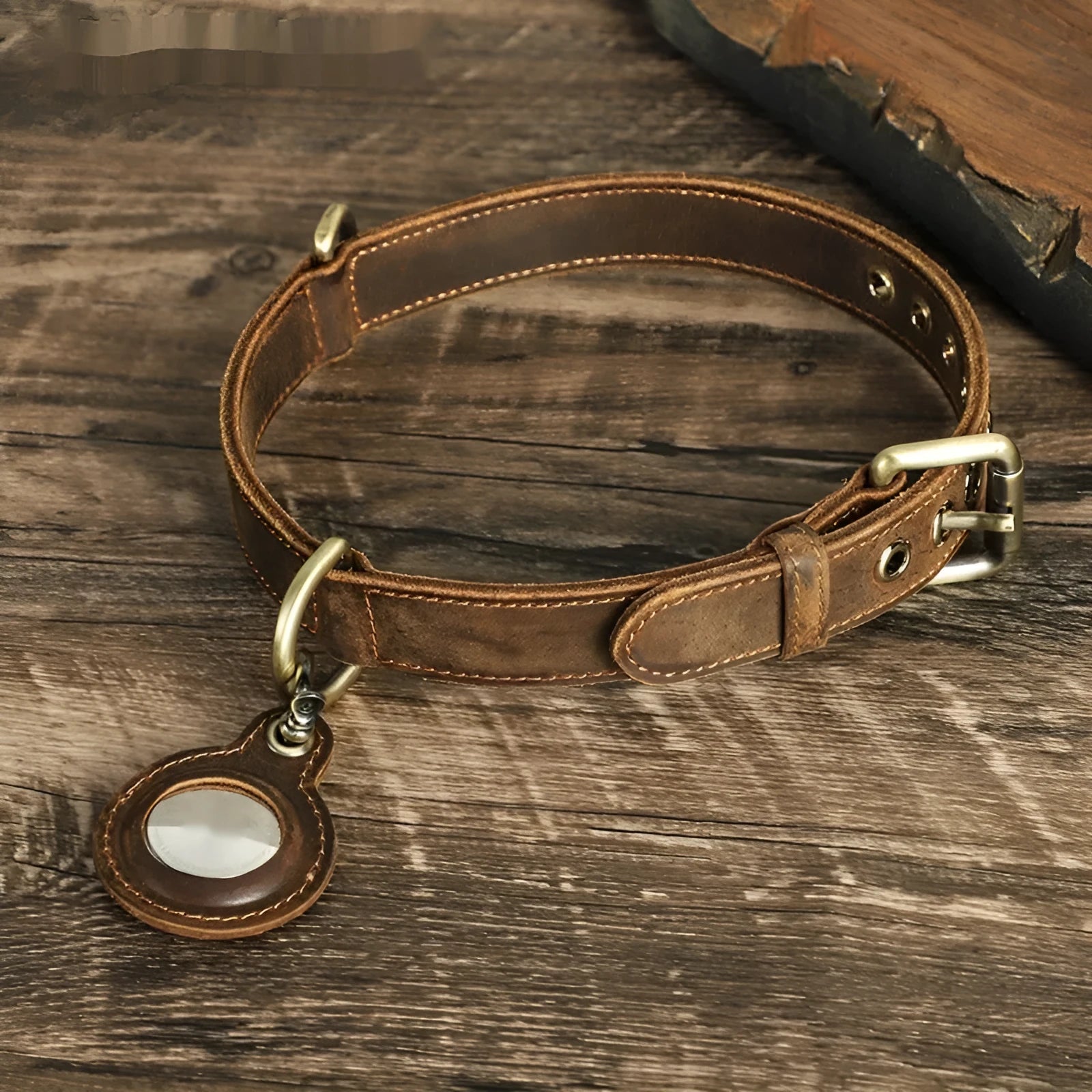 Brown handmade double-sided cowhide dog collar with tracking halter positioning
