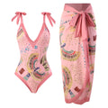 Blue French retro one-piece swimsuit with detachable gauze skirt showing backless design