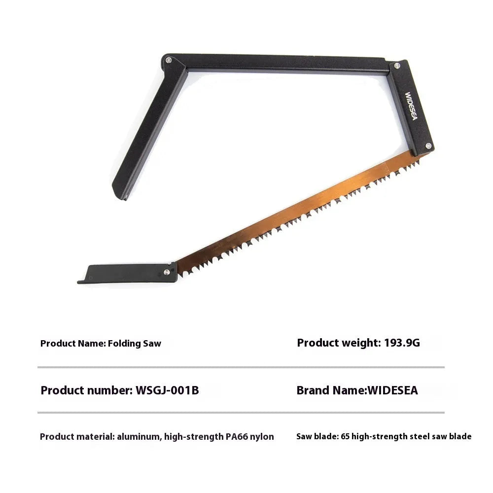 Black outdoor foldable survival saw with aluminium handle shown in open and closed positions.