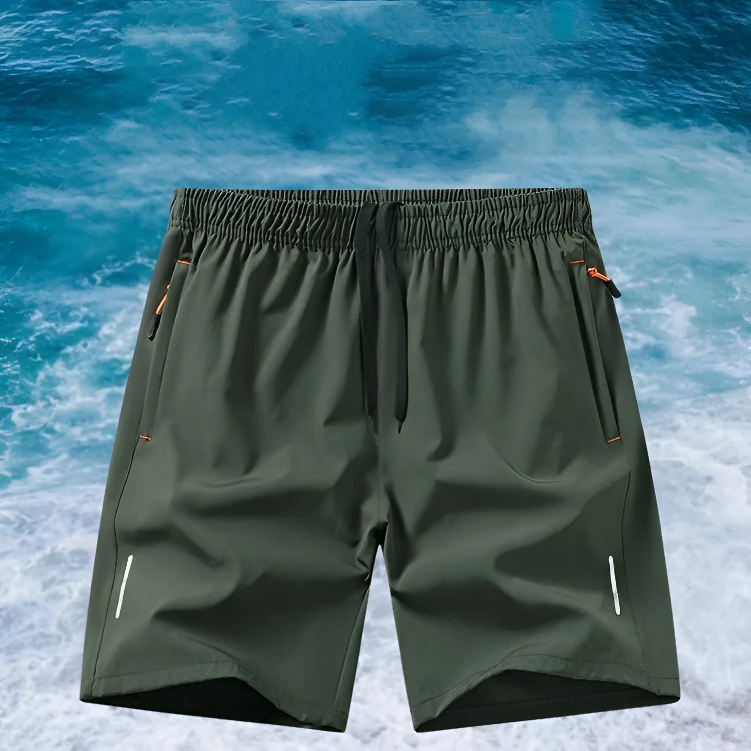 Men's loose-fit ice silk basketball shorts in army green colour, showing straight-leg training short design.
