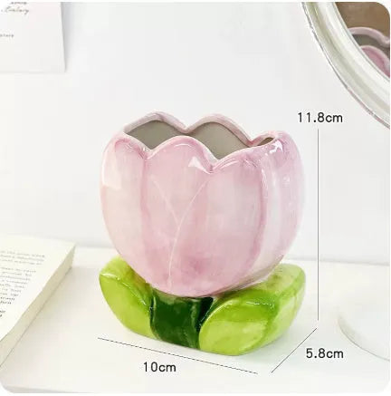 Ceramic flower pen holder storage box with tulip design for desktop organisation
