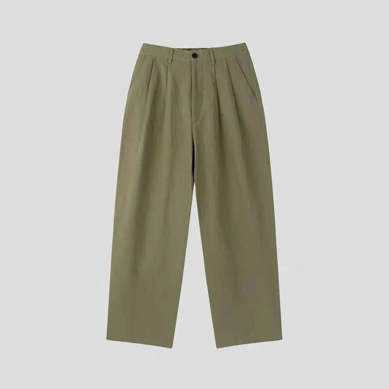 Men's Korean style cotton linen trousers in apricot, army green, and purplish blue colours