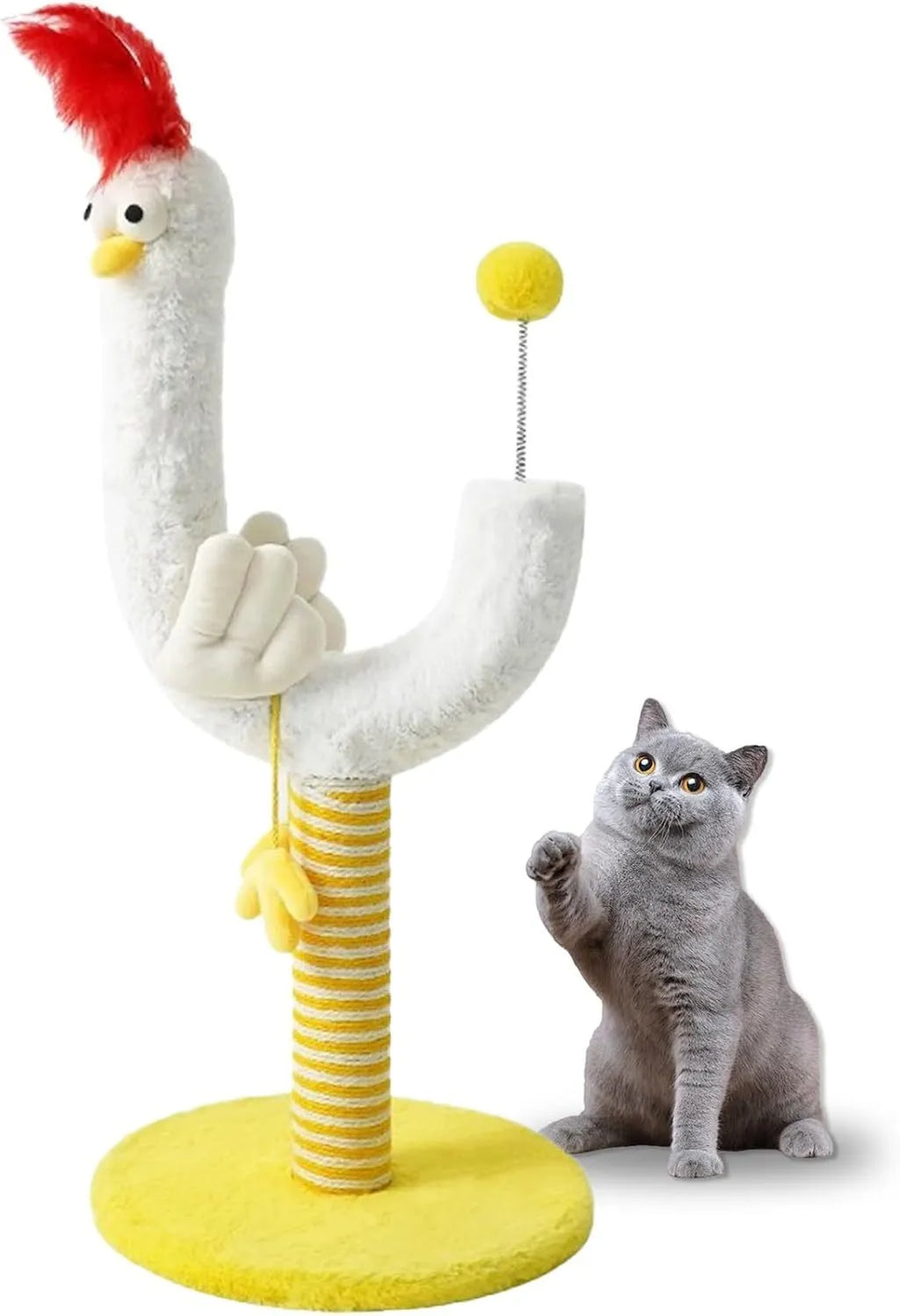 Tall yellow sisal cat scratching post with a spring ball on top and a sturdy wooden base.
