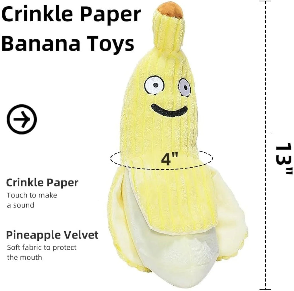 Yellow banana-shaped cat chew toy with plush fabric and crinkle sound feature