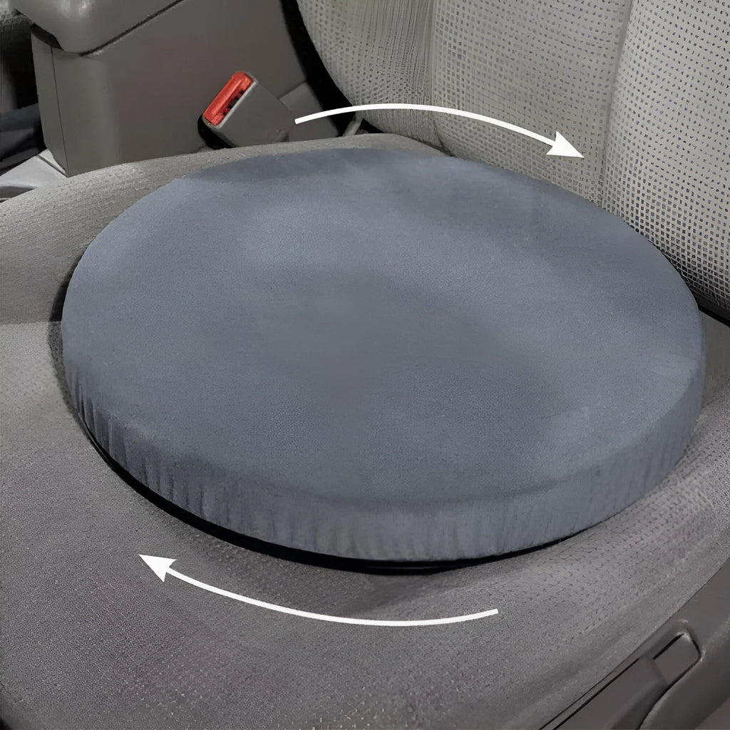 Rotating non-slip car seat cushion with short plush cover on a car seat.
