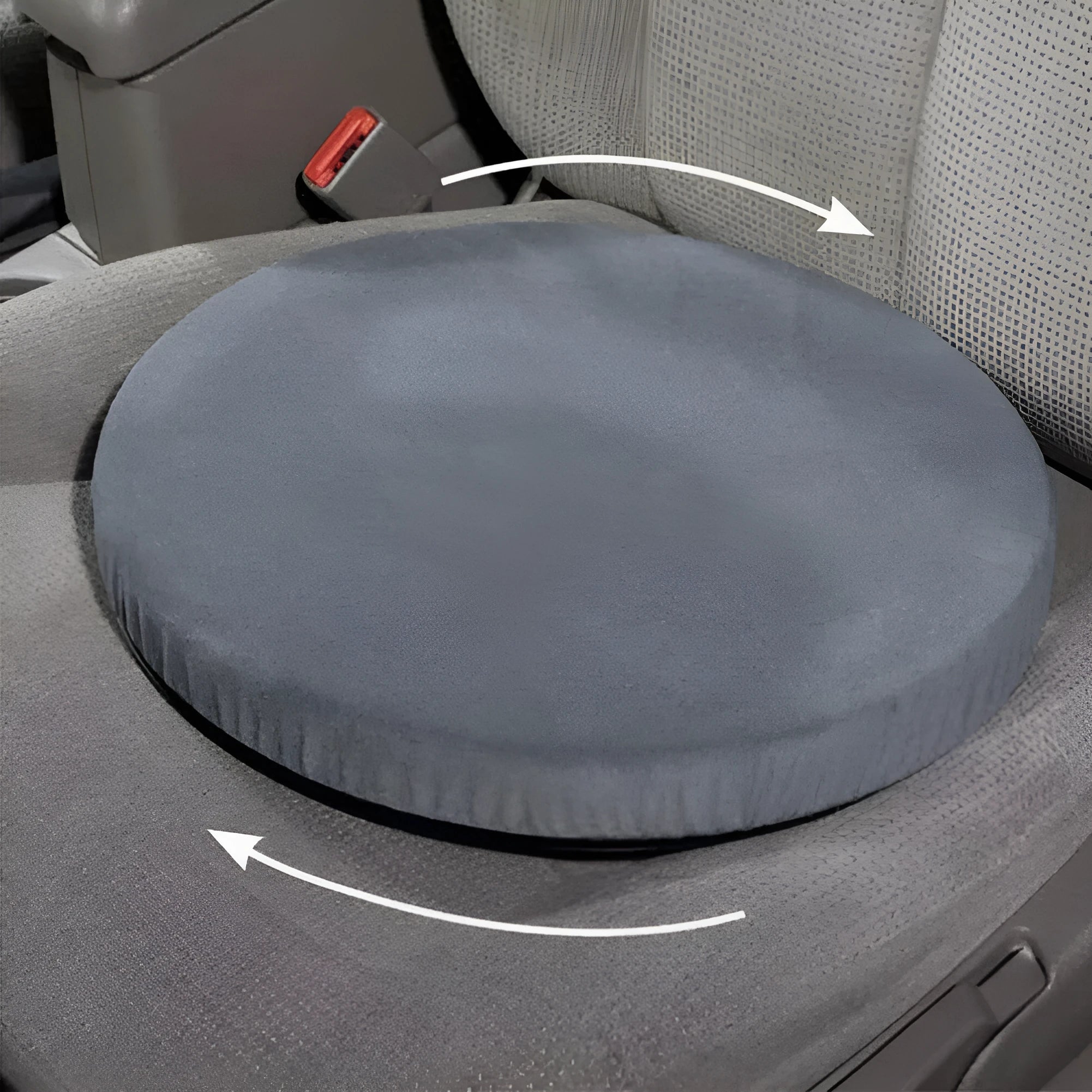 Rotating non-slip car seat cushion with short plush cover on a car seat.