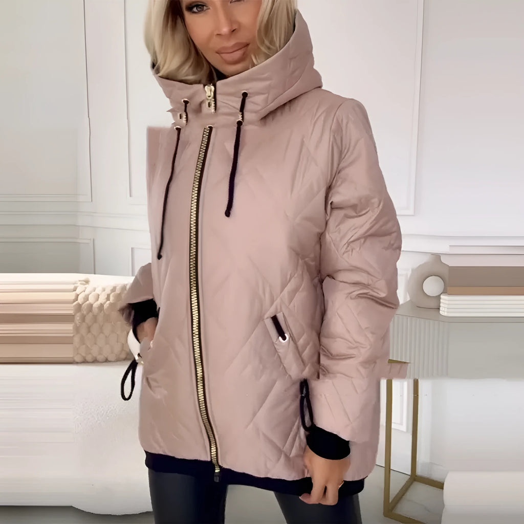 Women's casual hooded coat in pink and black colours, shown in a loose fit with long sleeves.
