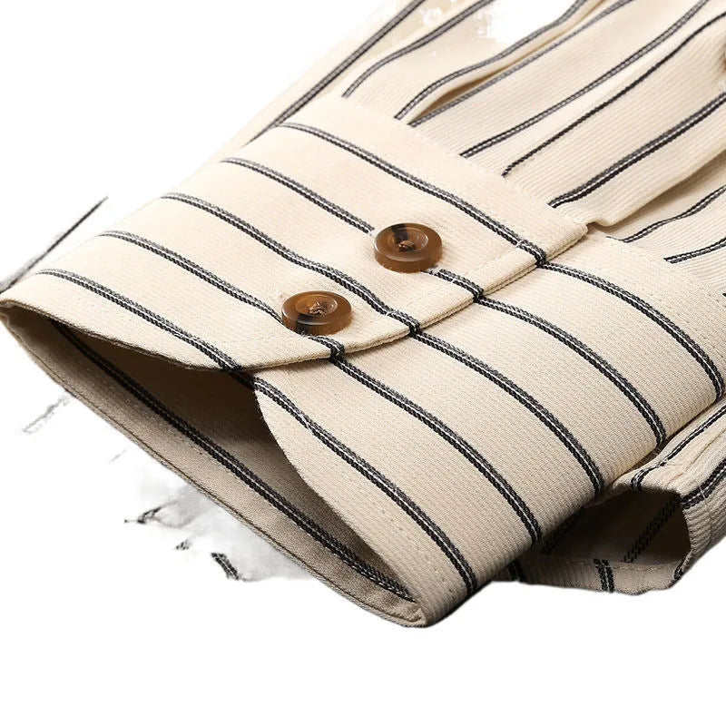 Coffee colour striped men's long-sleeved shirt with wool lining and slim fit