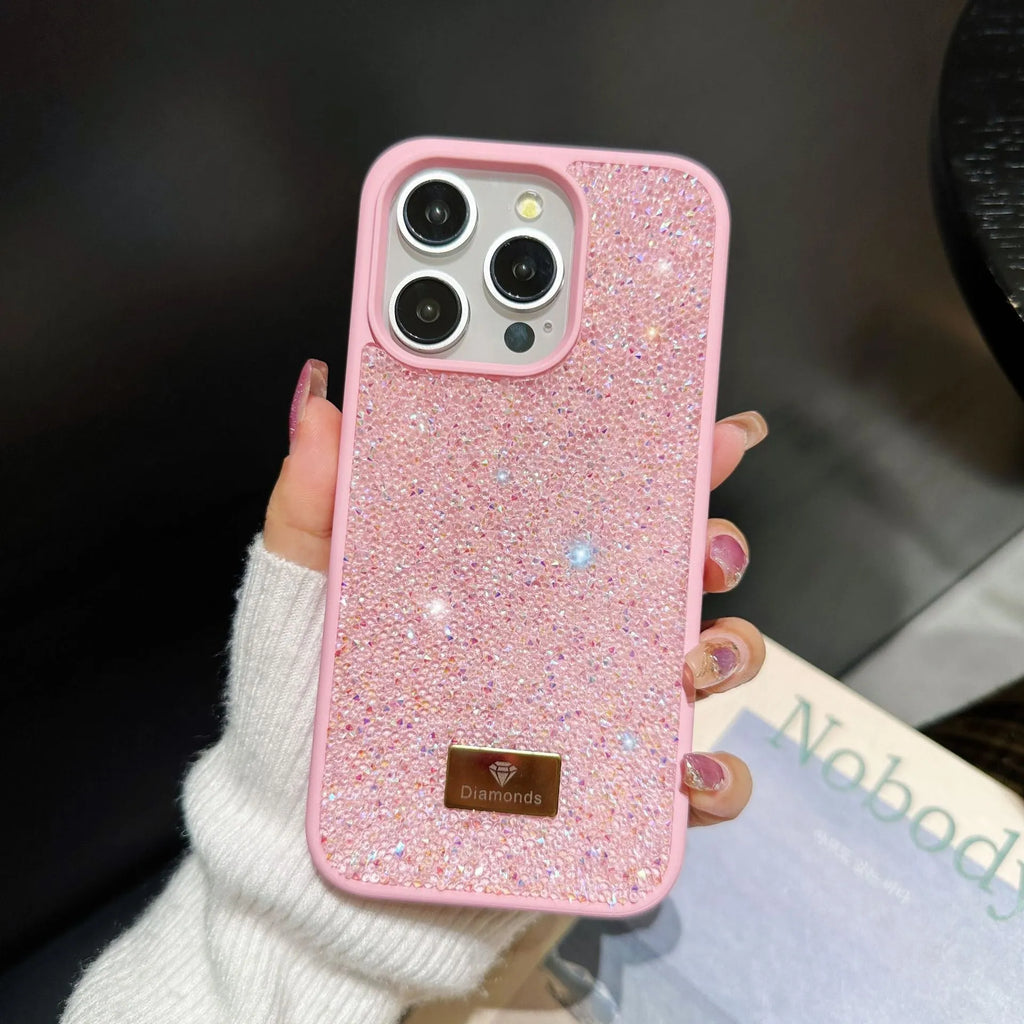 Luxury rhinestone full diamond graphene phone shell in black with frosted finish for iPhone models
