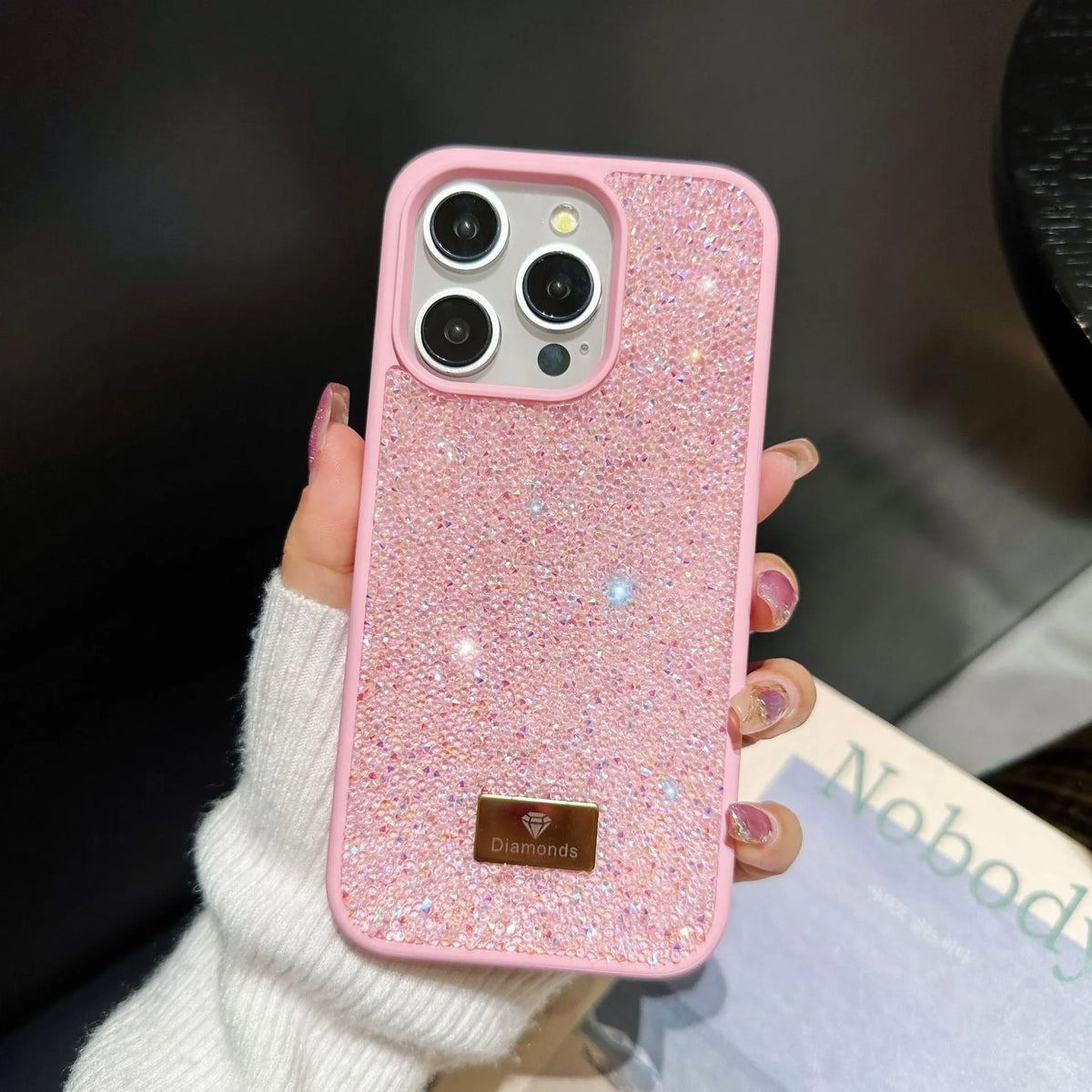 Luxury rhinestone full diamond graphene phone shell in black with frosted finish for iPhone models