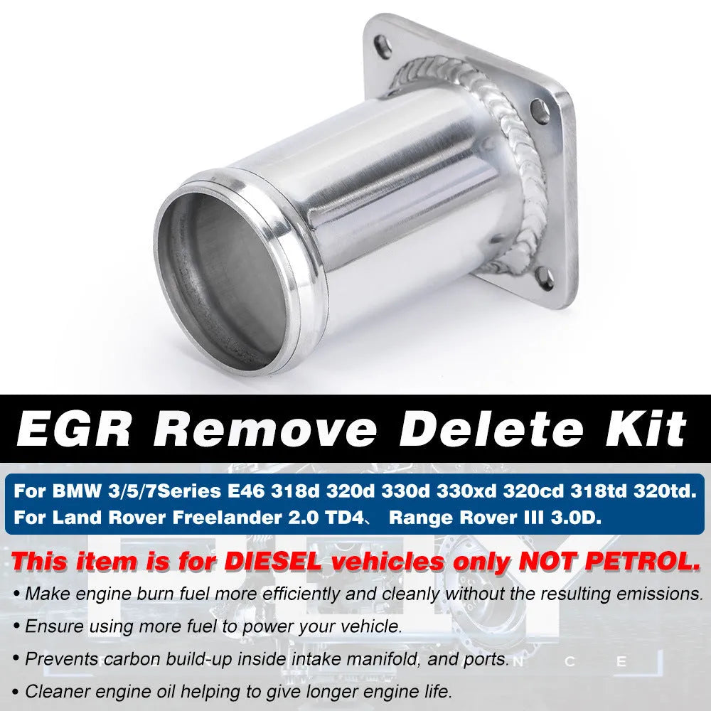 BMW E46 diesel EGR removal kit showing black metal pipe, blanking plates, bolts, and vacuum plug