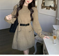 A woman wearing a long sleeve, loose knitted dress in a high-waist style with a black belt.