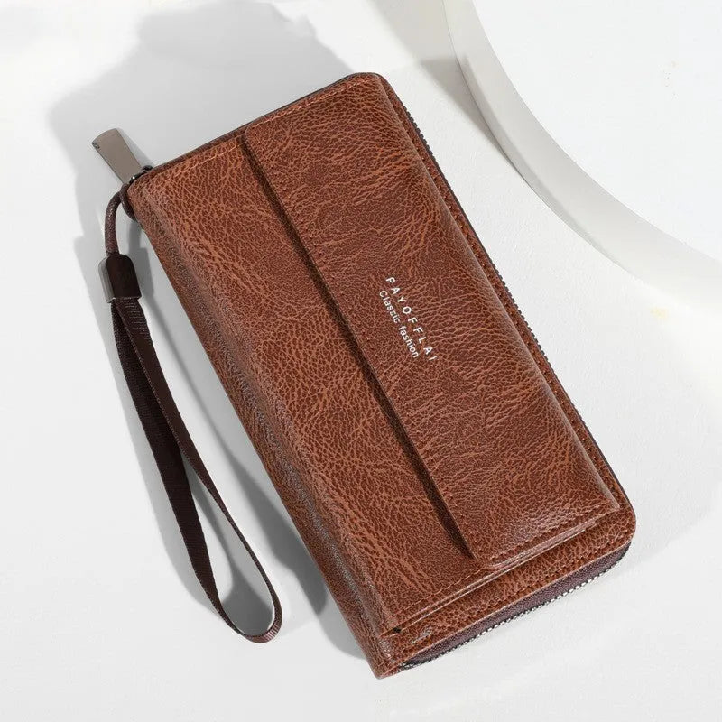 Men's black PU leather bifold wallet with multiple card slots, shown closed.