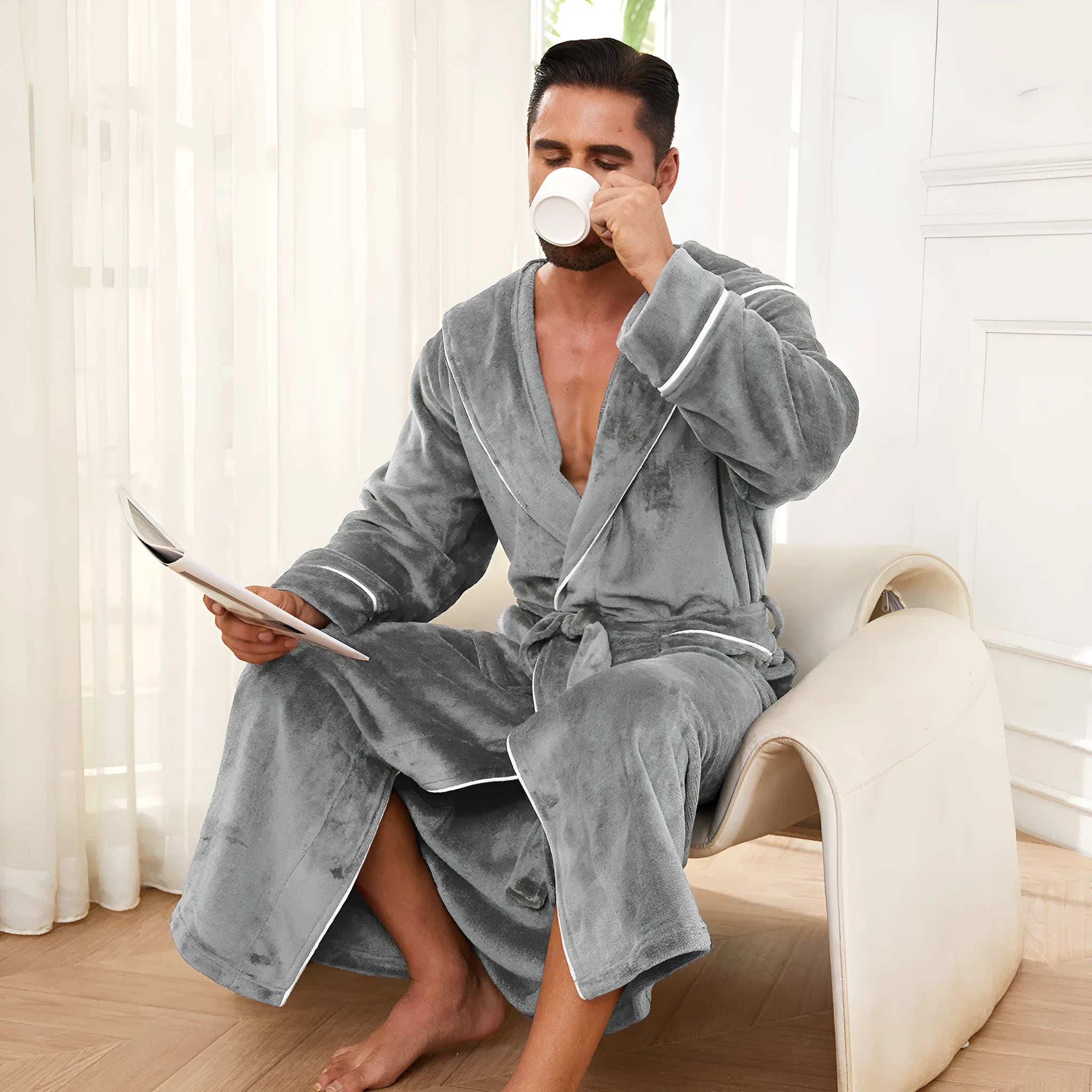 Men's long light grey flannel bathrobe with a European style fit, shown hanging.