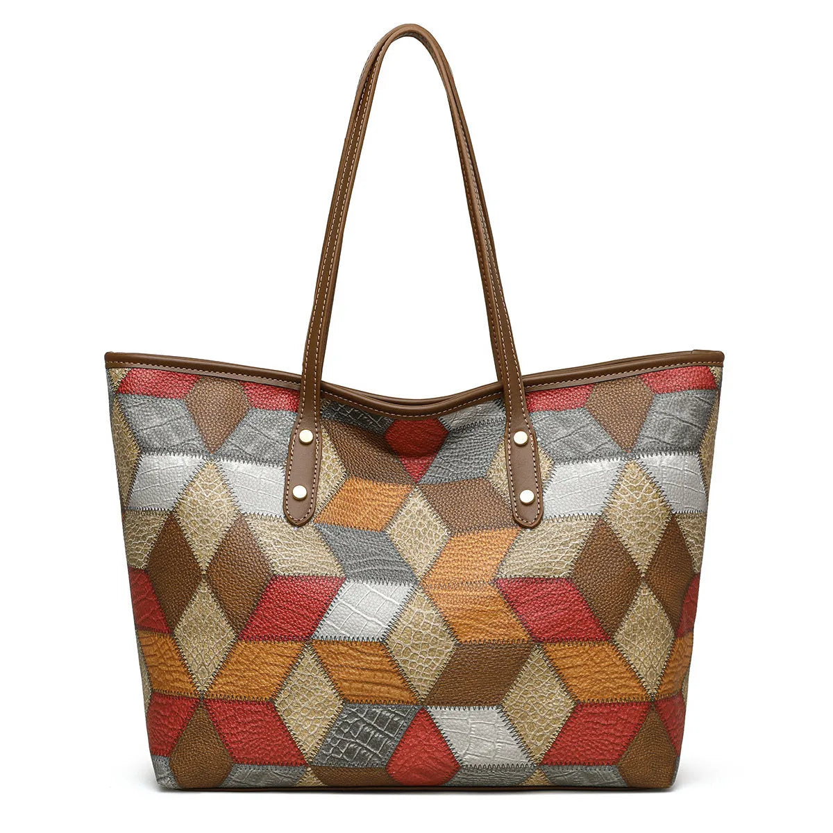 Women's large capacity PVC shoulder handbag in blue brown colour with sandwich pocket organisation