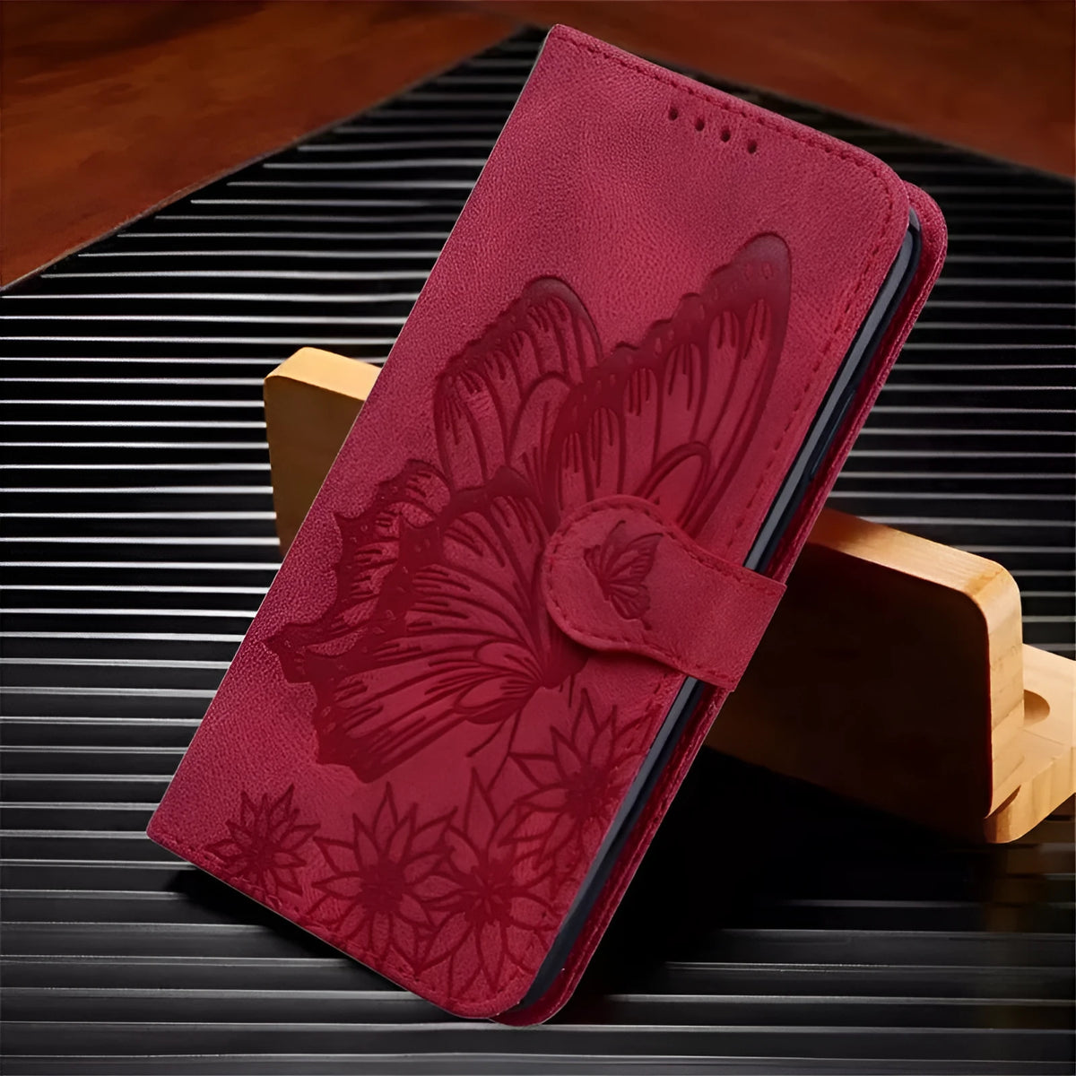 Retro big bowknot embossed leather phone case in purple with built-in bracket for iPhone and Samsung models
