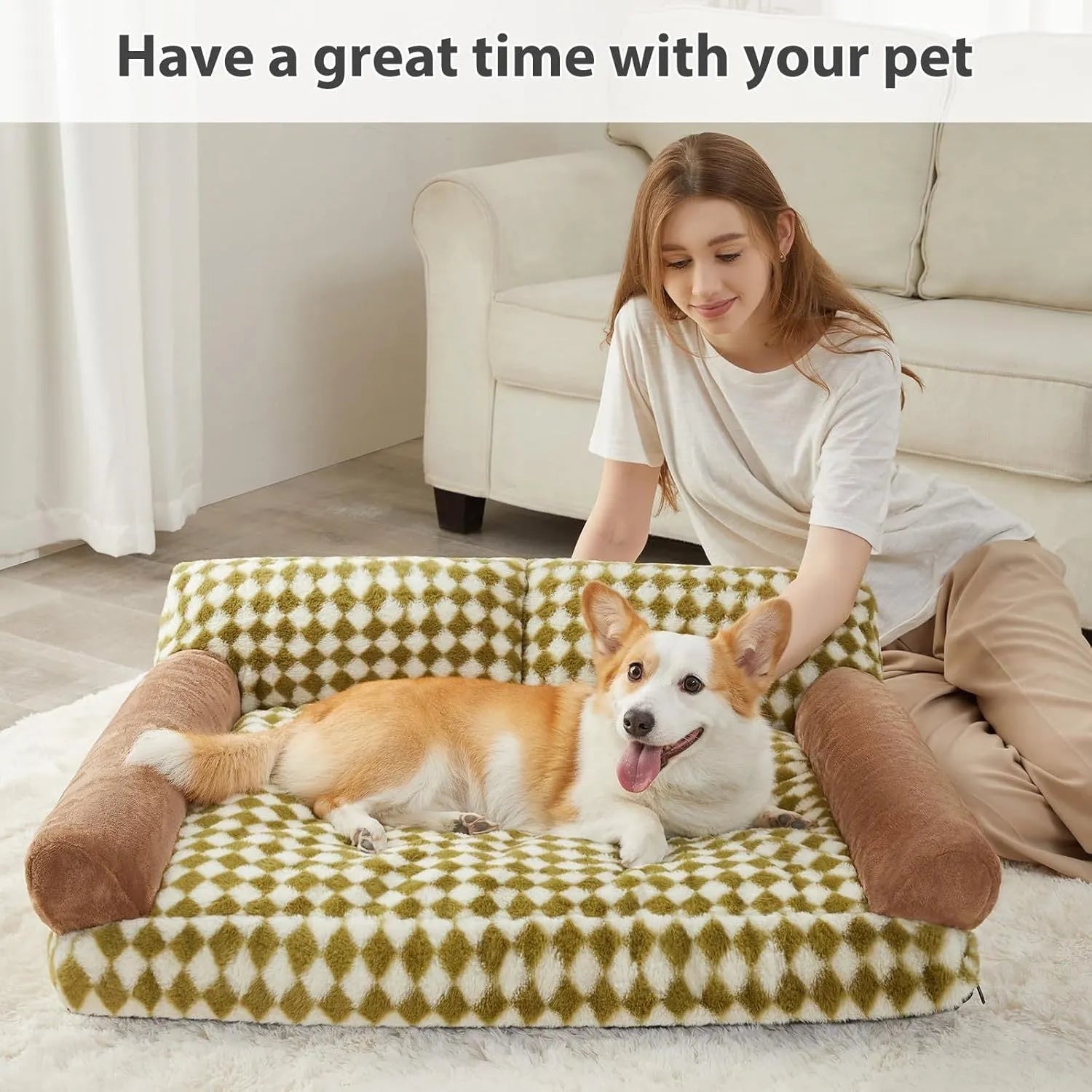 Checkered pet sofa bed for cats and small dogs with removable cover and non-slip bottom
