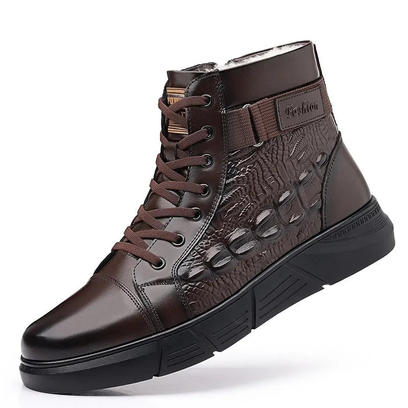 Black fur-integrated genuine leather winter boots with rubber soles and front laces on a white background.