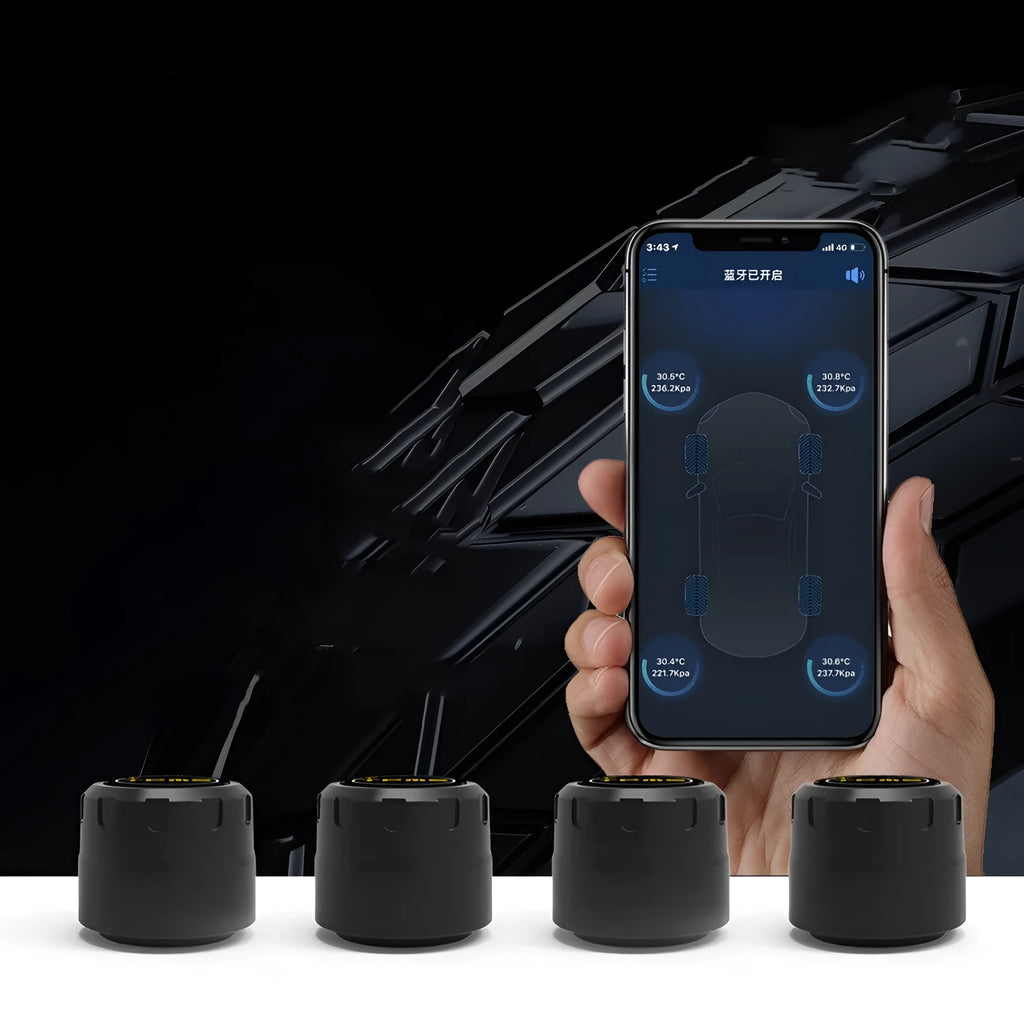 Bluetooth 5.0 car tyre pressure monitoring system with four black external sensors, a wrench, and anti-theft screws.