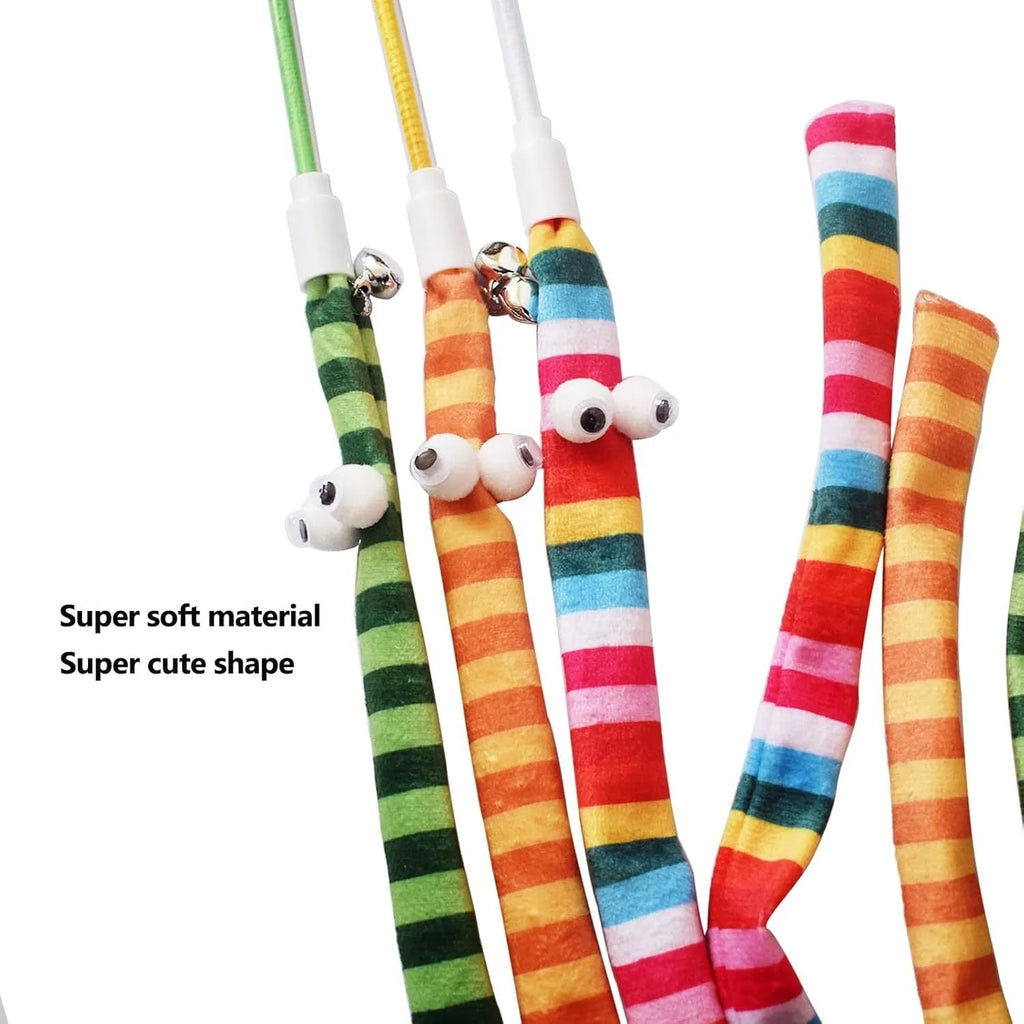 Cat wand toy with polycarbonate wand and long plush strip in vibrant colours for interactive play