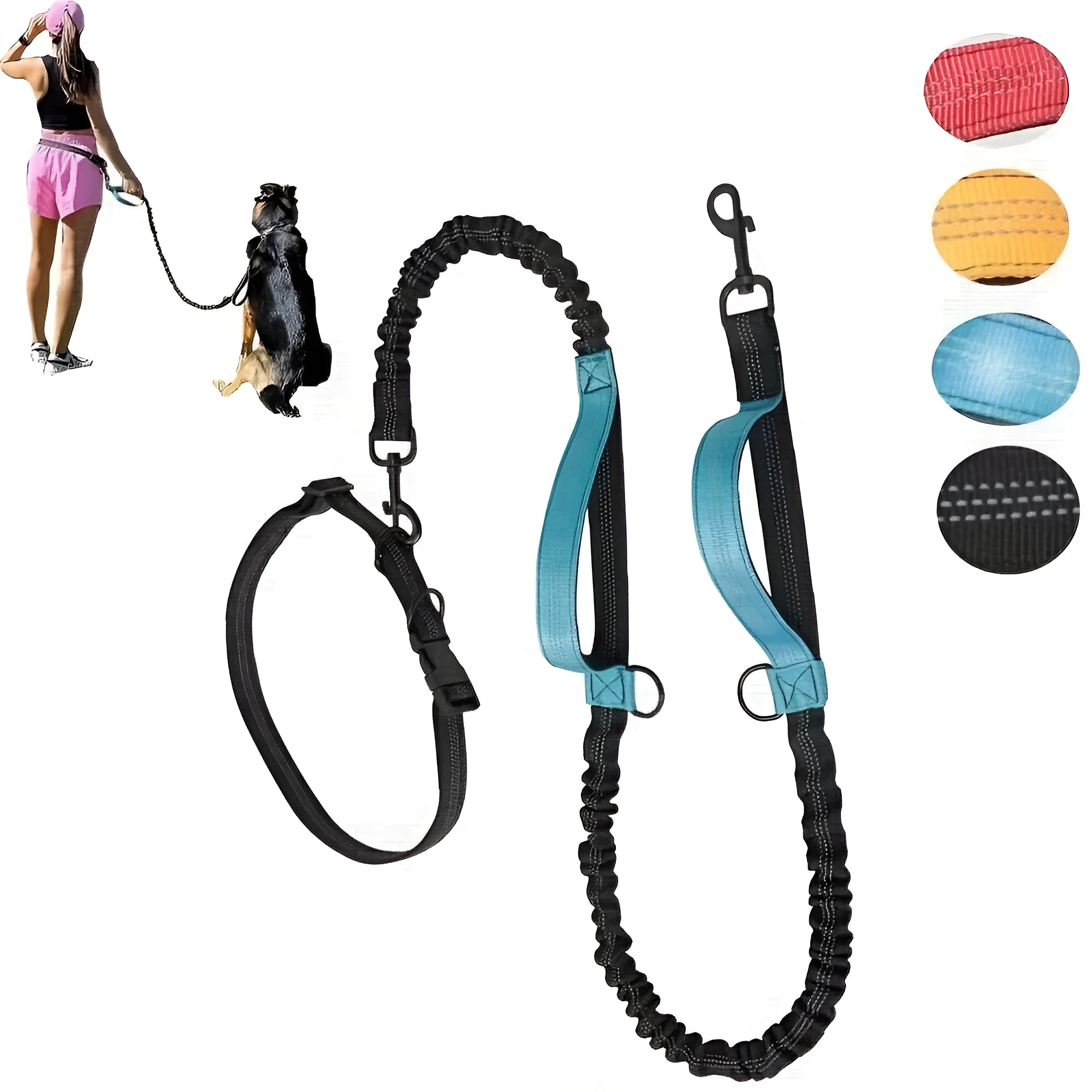 Hands-free dog leash with adjustable waist belt worn by person running with dog