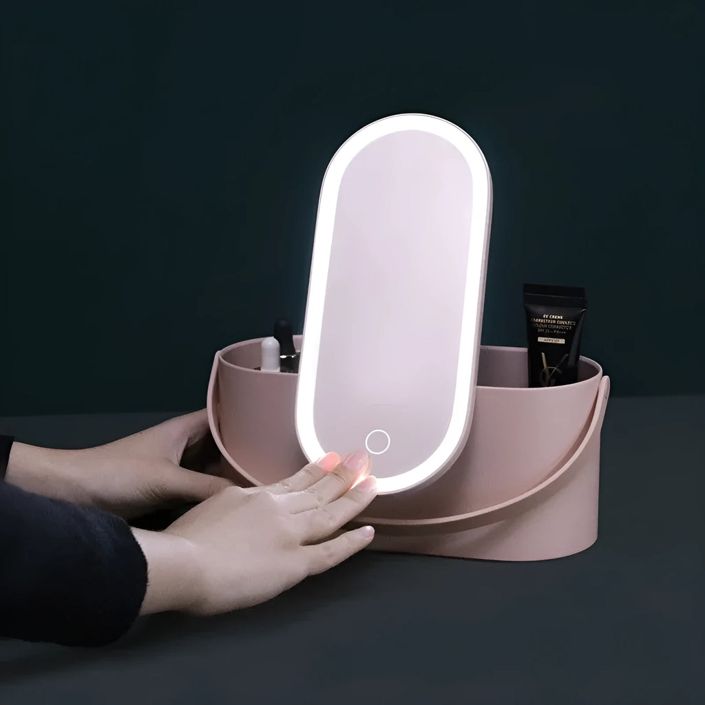 Portable pink and white beauty makeup mirror with storage box.