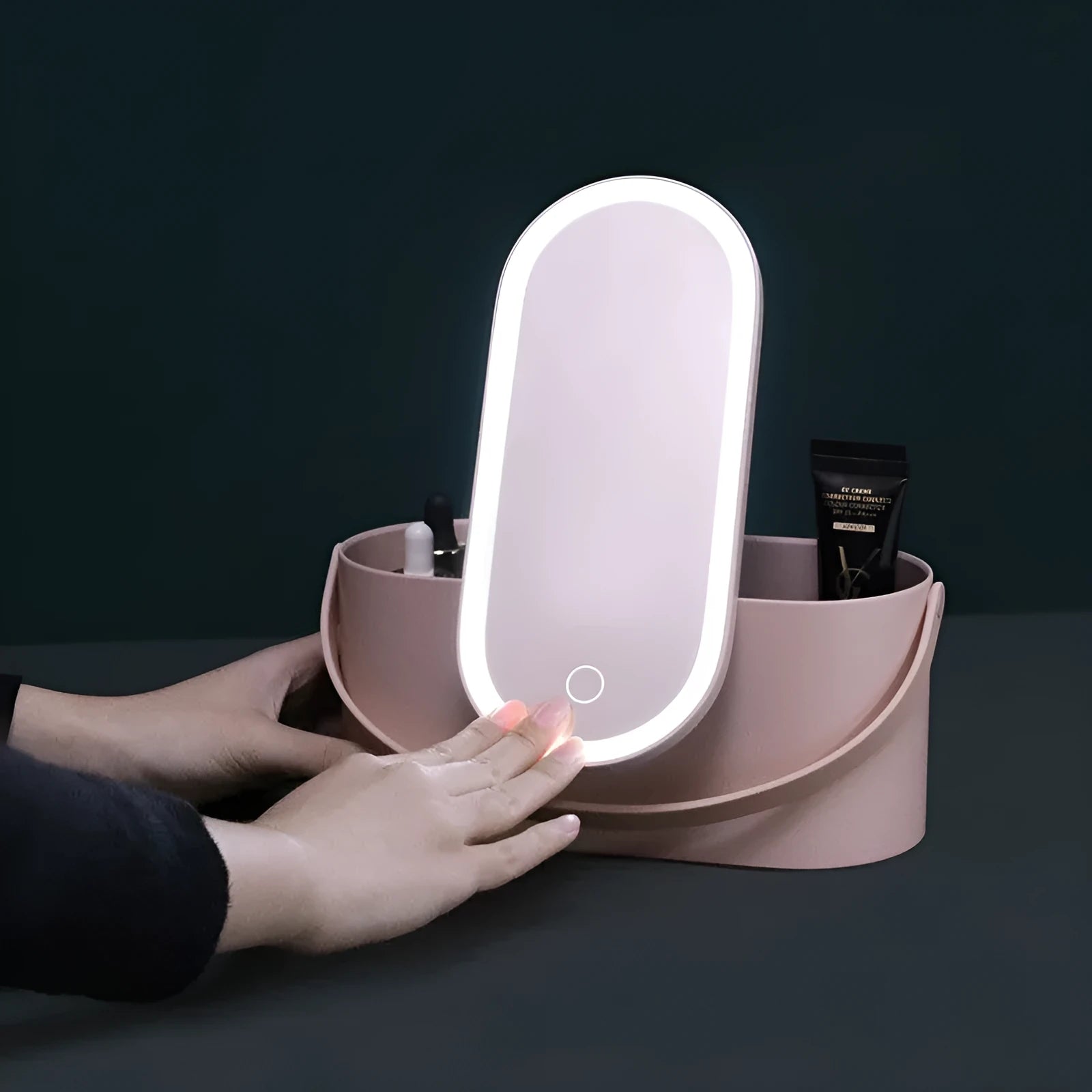 Portable pink and white beauty makeup mirror with storage box.
