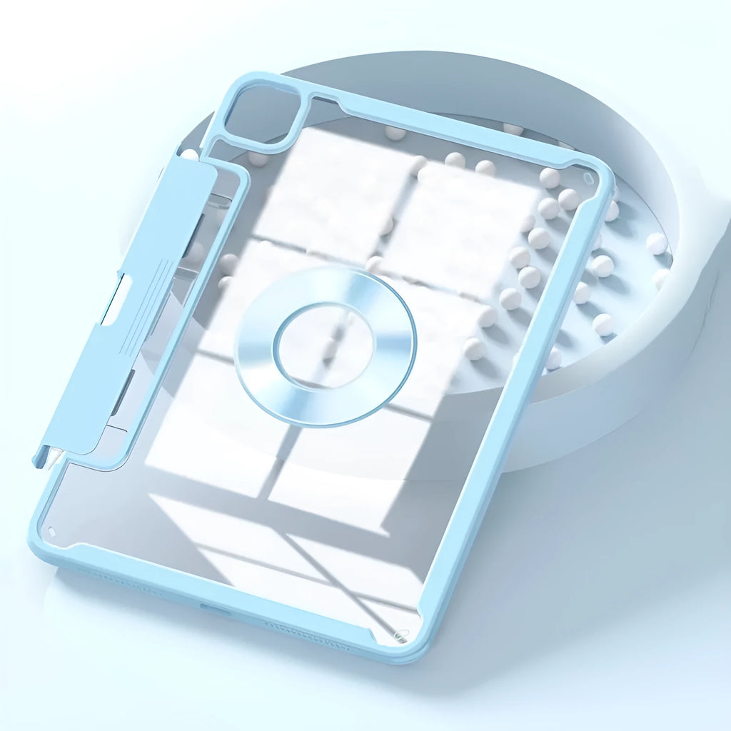 Magnetic iPad protective case with detachable drawer pen slot in black, shown on an iPad Pro.