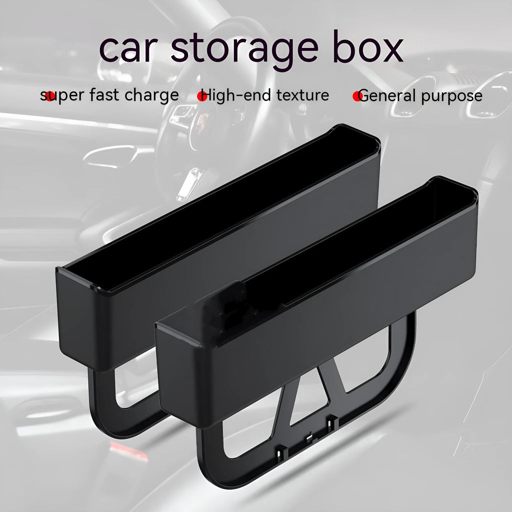 Black plastic storage box for car seat gap organisation