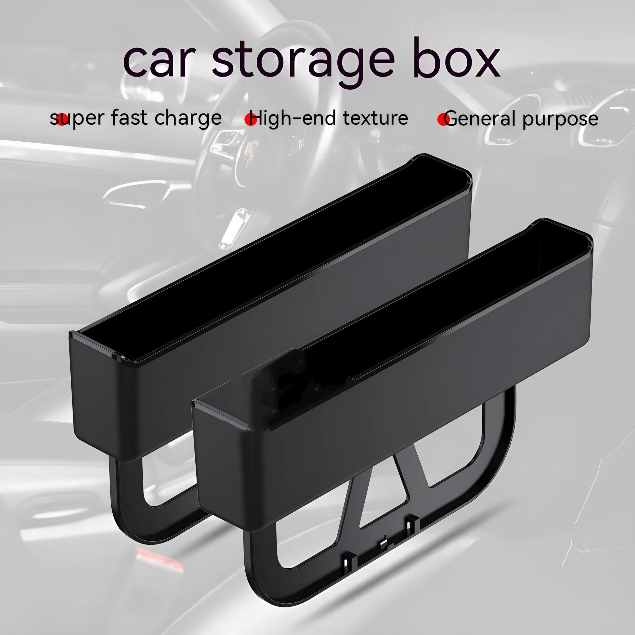 Black plastic storage box for car seat gap organisation