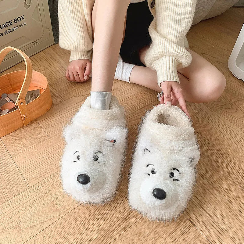 Grey and white ankle wrap cotton slippers with plush upper and artificial wool lining for home wear