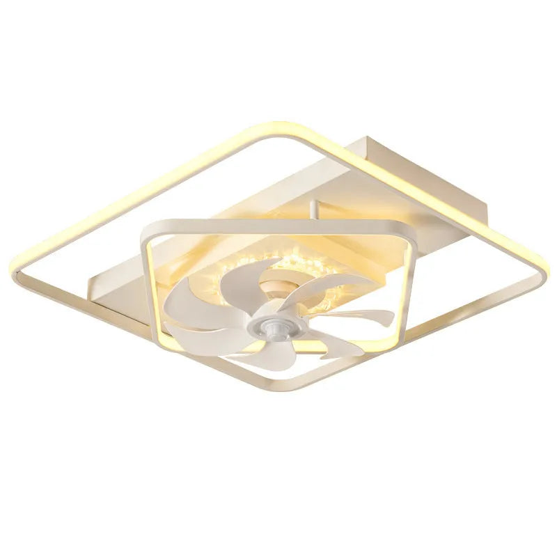 Modern ceiling fan light with plastic blades and acrylic lampshade showing thin suction mounting profile