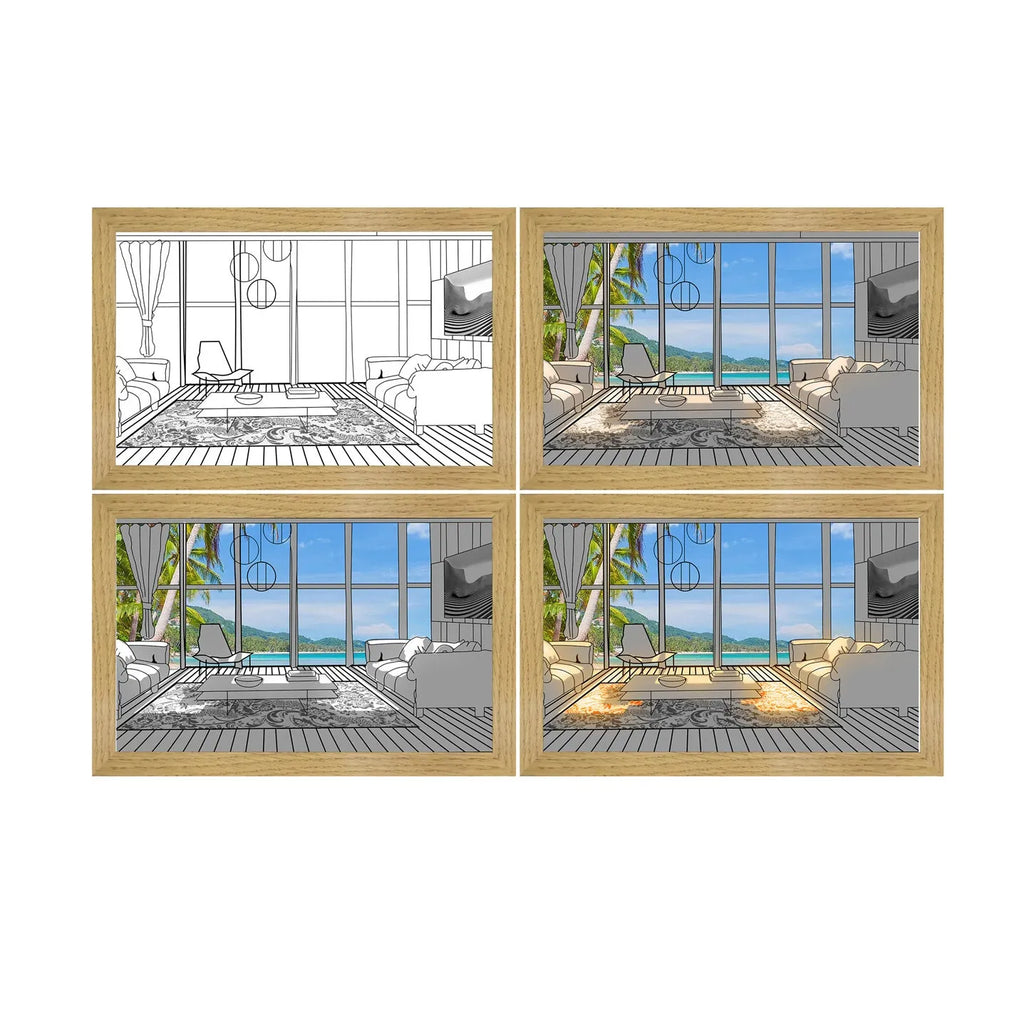 Modern rectangular LED light painting showing a scenic image, with USB cable and button control.