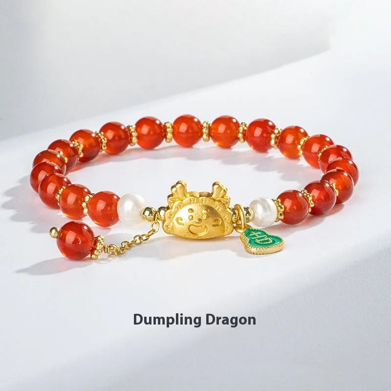 Handcrafted natural agate dragon zodiac bracelet with 8mm diamond-shaped beads.