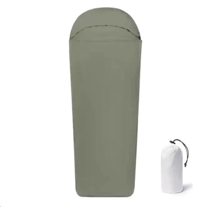 Blue or green lightweight nylon mummy-style camping sleeping bag for adults.