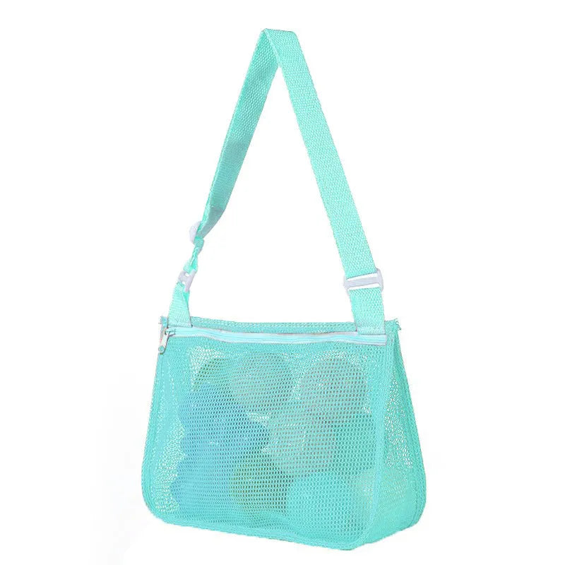 Blue nylon mesh travel storage organiser bag for children's toys and clothing, sealed, measuring 20x25x8cm.