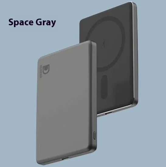 Slim aluminium magnetic power bank in deep space black colour, showing magnetic attachment to a smartphone.