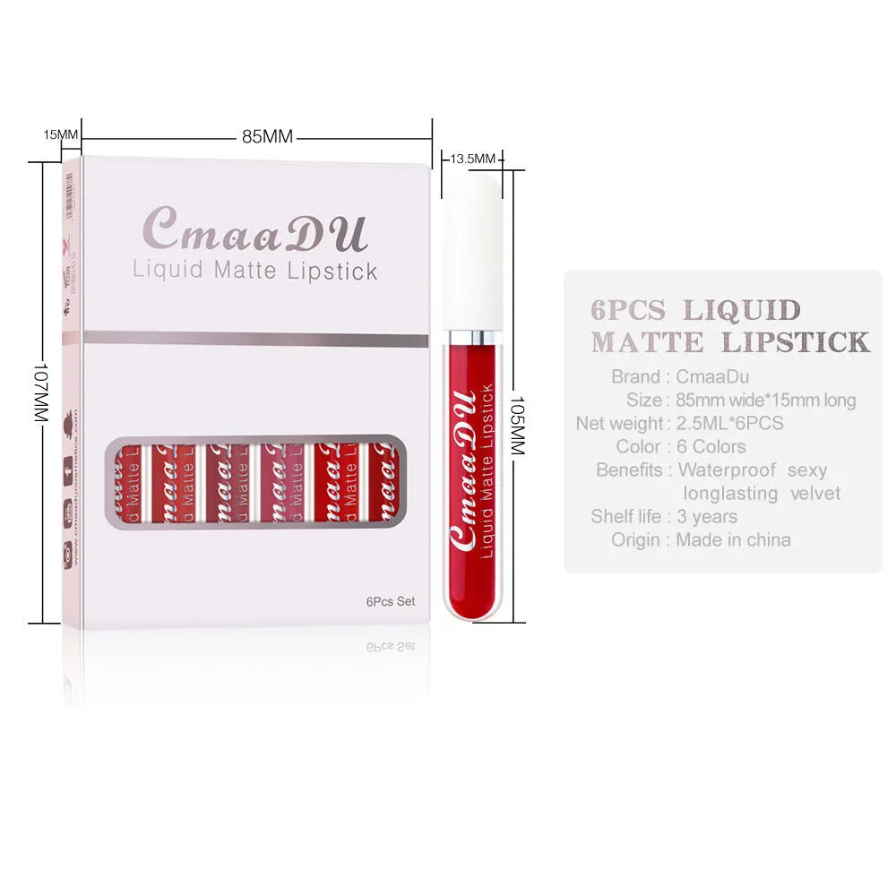 Set of six boxes of matte finish waterproof lip gloss with multivitamins.