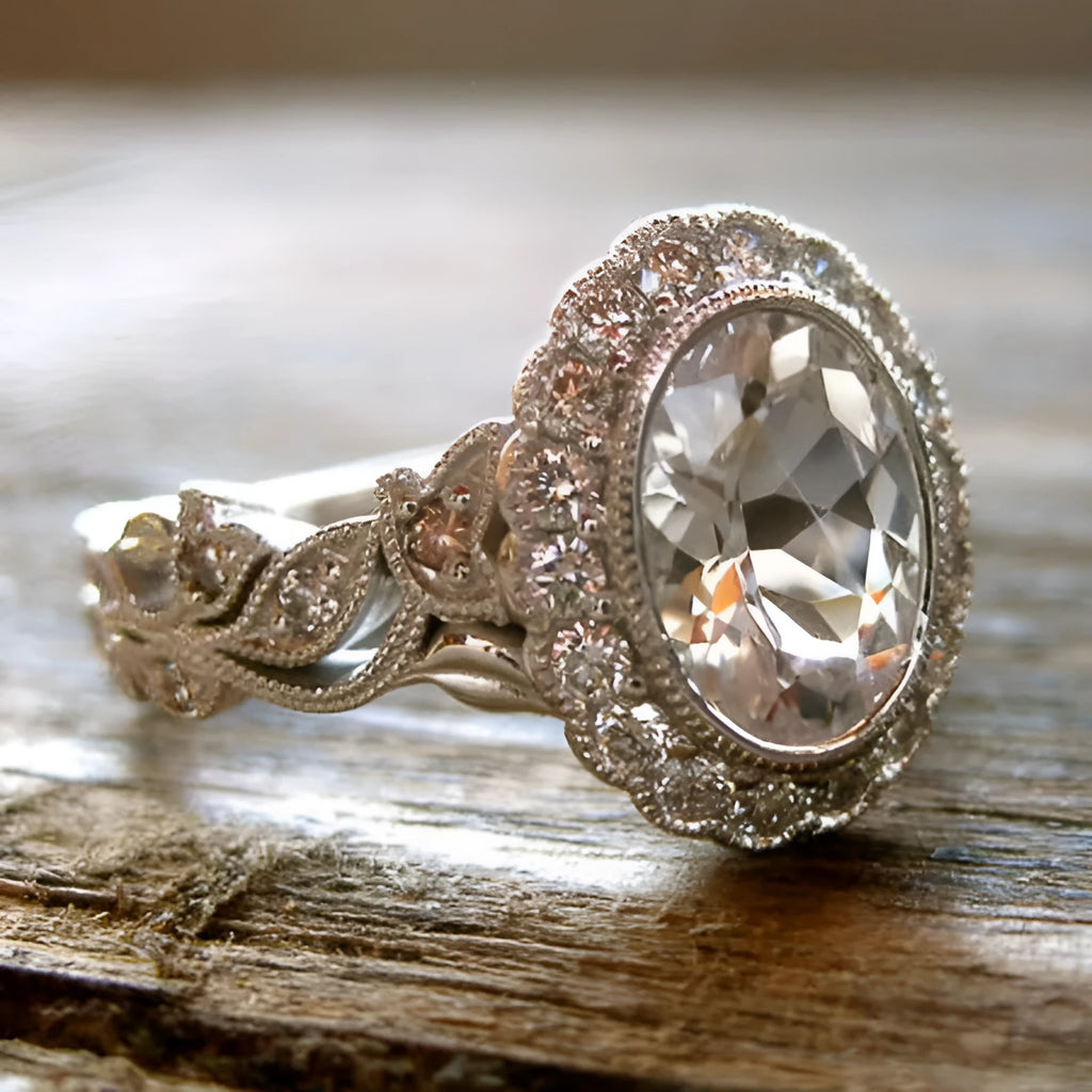 Geometric women's ring with round zircon elements in white gold colour on copper
