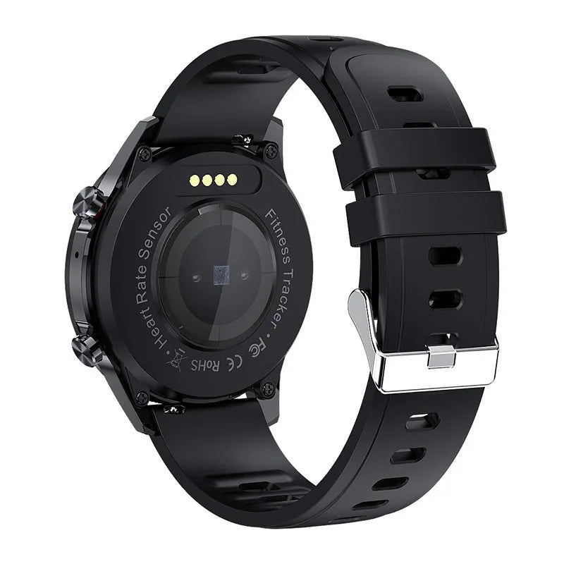 Alloy-case Bluetooth smart watch with heart rate monitor on wrist, showing blue colour option.
