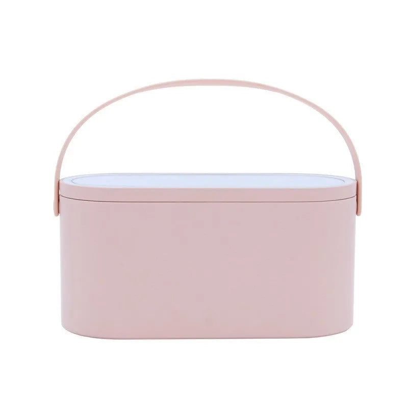 Portable pink and white beauty makeup mirror with storage box.